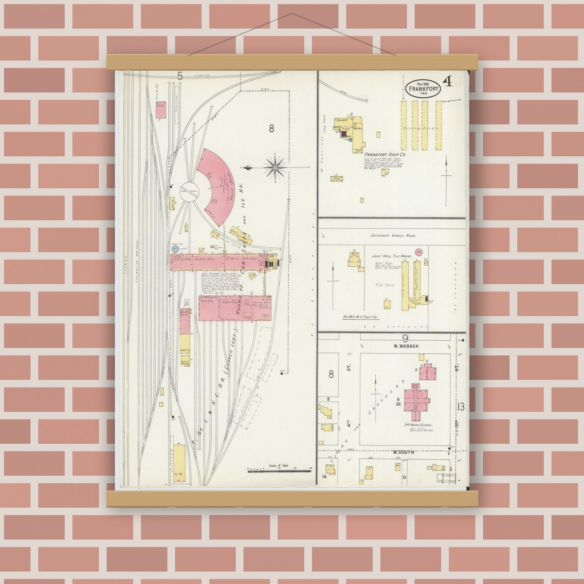 Old map wall art mockup — magnetic wood frame on brick wall — Sanborn Fire Insurance Map from Frankfort, Clinton County, Indiana (1898), Sheet #0004