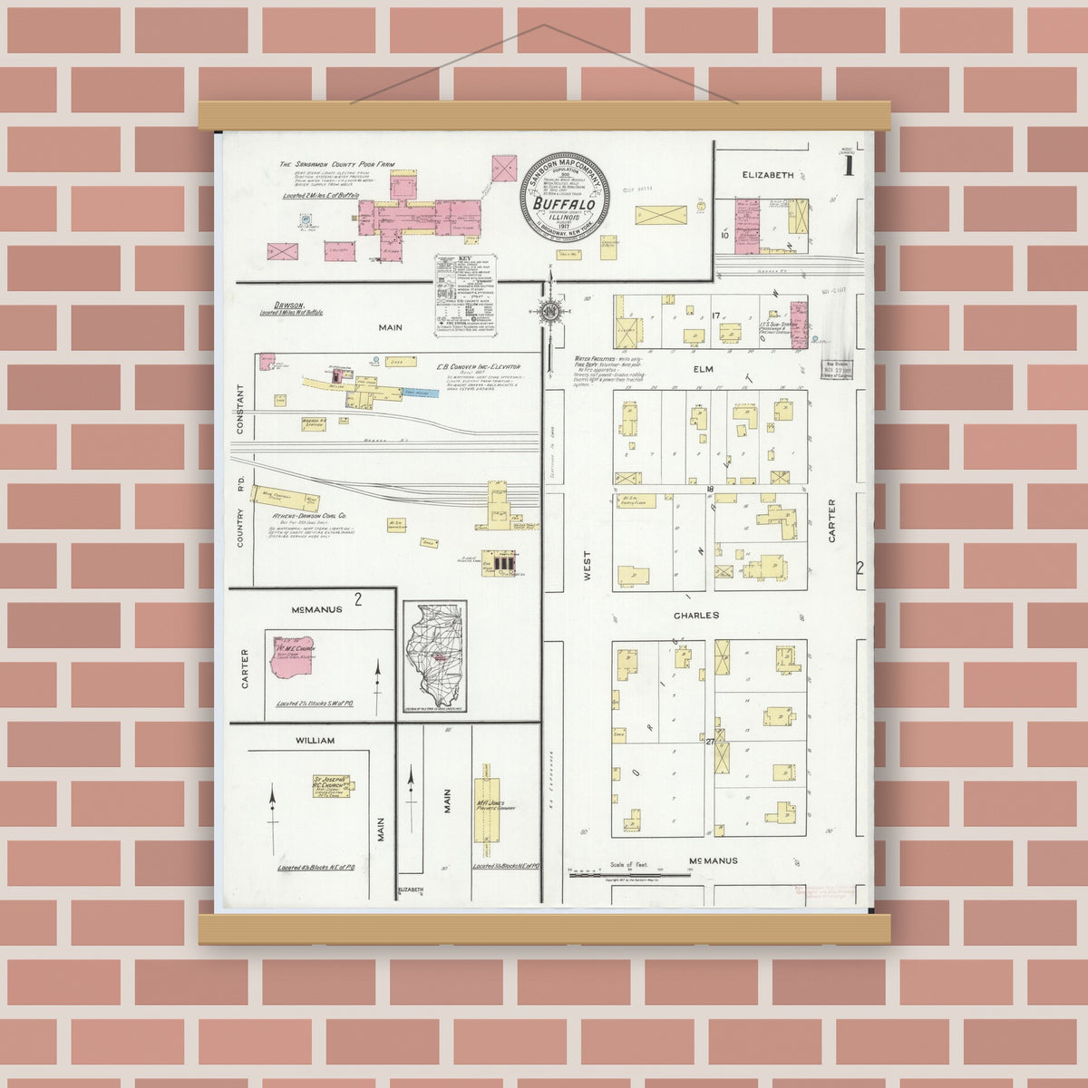 Old map wall art mockup — magnetic wood frame on brick wall — Sanborn Fire Insurance Map from Buffalo, Sangamon County, Illinois (1917) - Complete Map Set