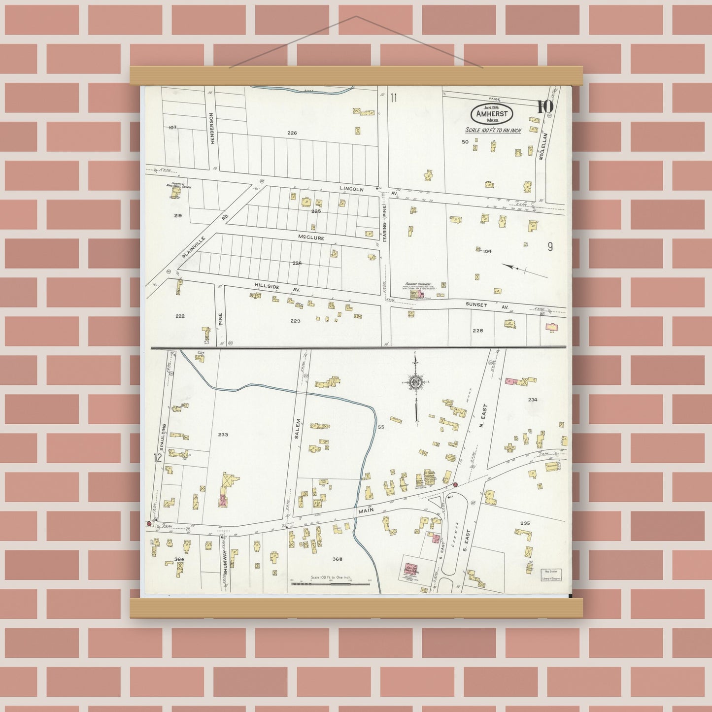 Old map wall art mockup — magnetic wood frame on brick wall — Sanborn Fire Insurance Map from Amherst, Hampshire County, Massachusetts (1916), Sheet #0010