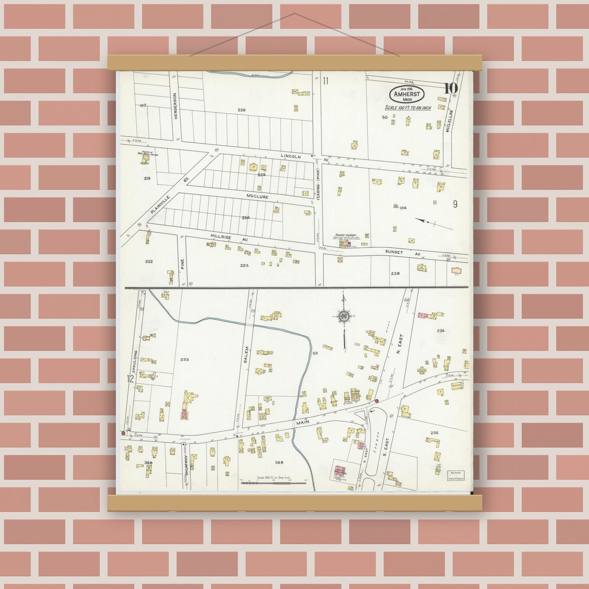 Old map wall art mockup — magnetic wood frame on brick wall — Sanborn Fire Insurance Map from Amherst, Hampshire County, Massachusetts (1916), Sheet #0010