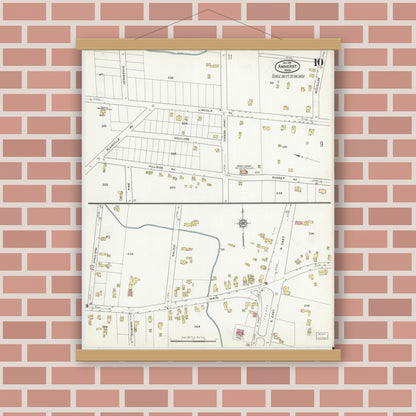 Old map wall art mockup — magnetic wood frame on brick wall — Sanborn Fire Insurance Map from Amherst, Hampshire County, Massachusetts (1916), Sheet #0010