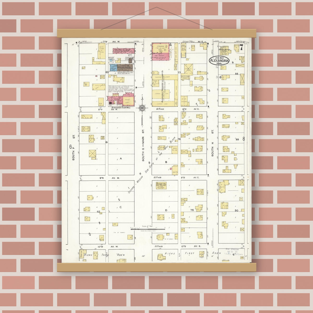 Old map wall art mockup — magnetic wood frame on brick wall — Sanborn Fire Insurance Map from Alexandria, Douglas County, Minnesota (1922), Sheet #0007