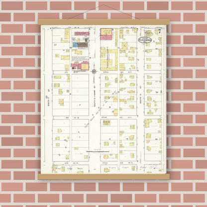Old map wall art mockup — magnetic wood frame on brick wall — Sanborn Fire Insurance Map from Alexandria, Douglas County, Minnesota (1922), Sheet #0007