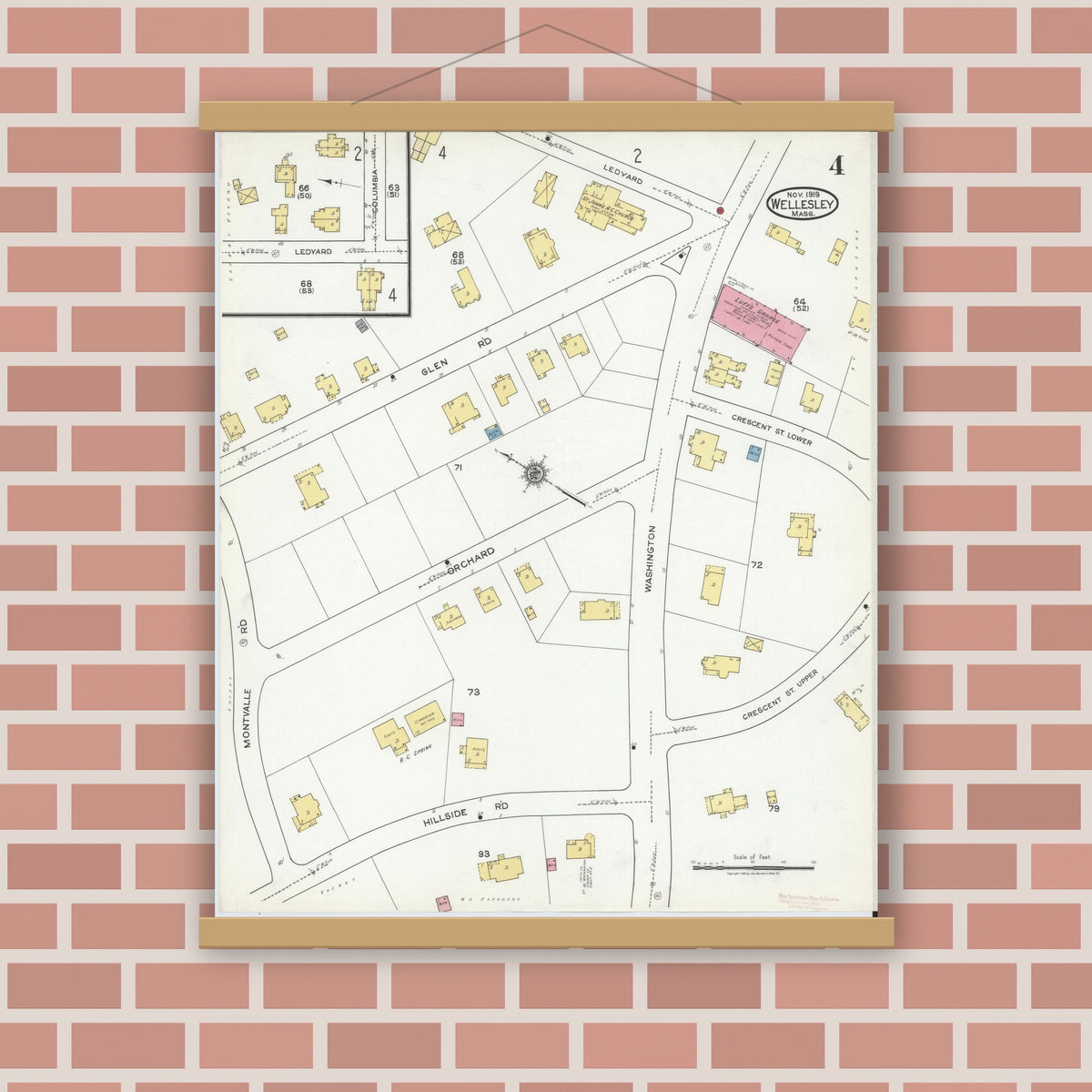 Old map wall art mockup — magnetic wood frame on brick wall — Sanborn Fire Insurance Map from Wellesley, Norfolk County, Massachusetts (1919), Sheet #0004