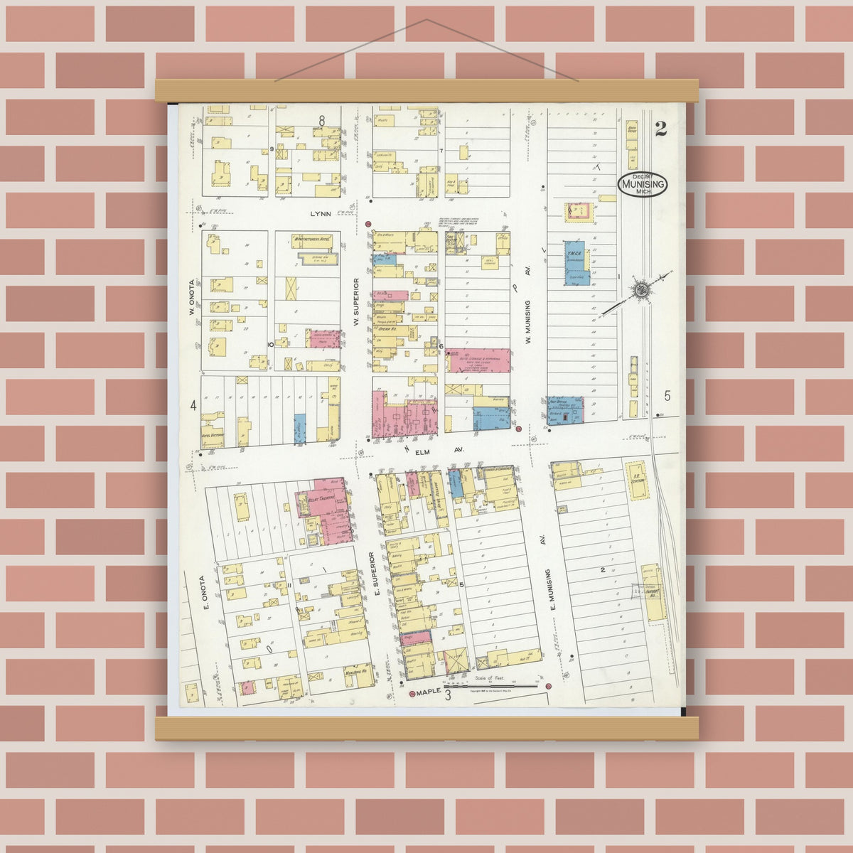 Old map wall art mockup — magnetic wood frame on brick wall — Sanborn Fire Insurance Map from Munising, Alger County, Michigan (1917), Sheet #0002
