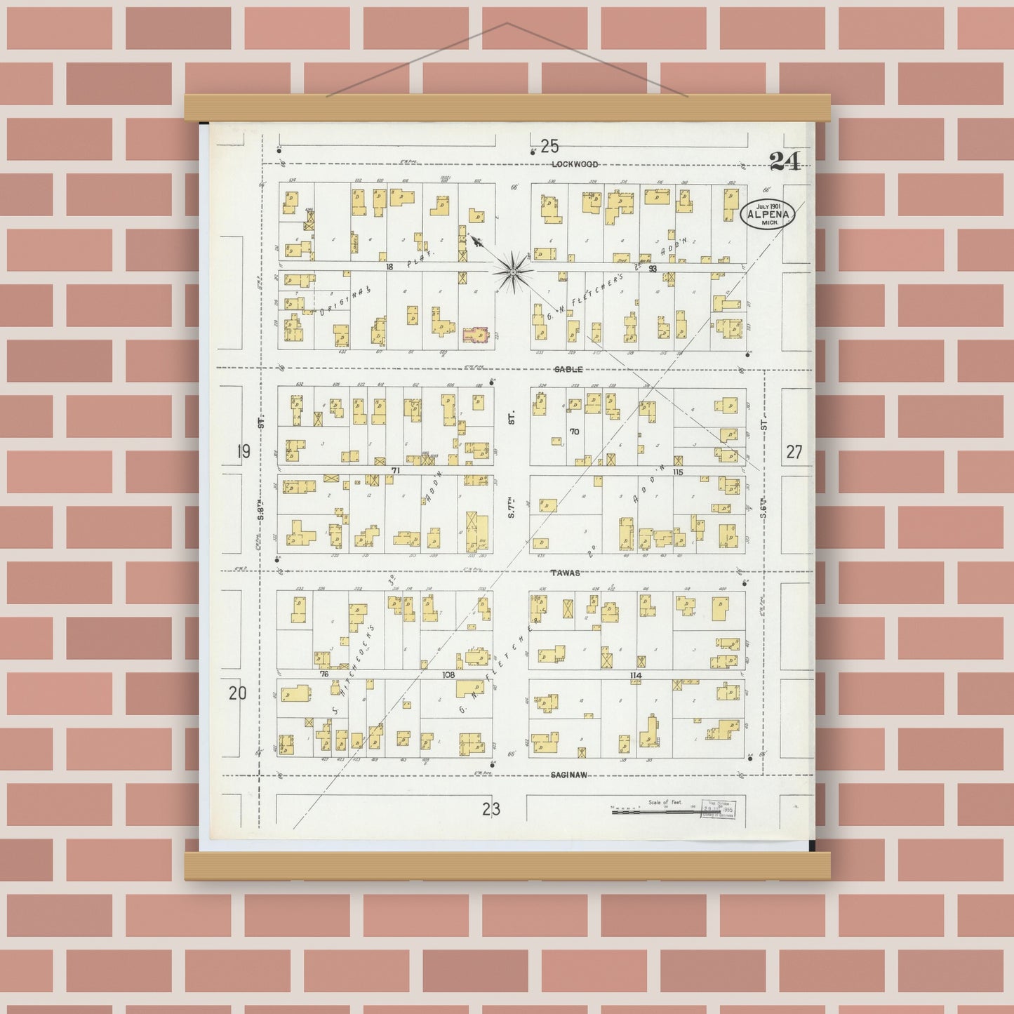Old map wall art mockup — magnetic wood frame on brick wall — Sanborn Fire Insurance Map from Alpena, Alpena County, Michigan (1901), Sheet #0024