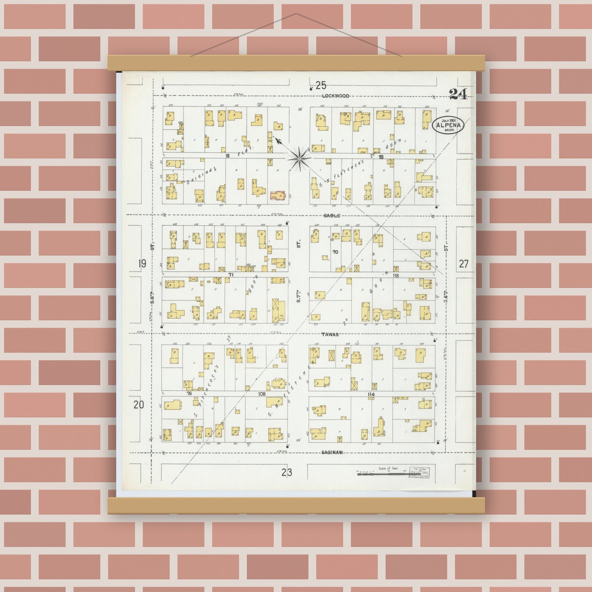 Old map wall art mockup — magnetic wood frame on brick wall — Sanborn Fire Insurance Map from Alpena, Alpena County, Michigan (1901), Sheet #0024
