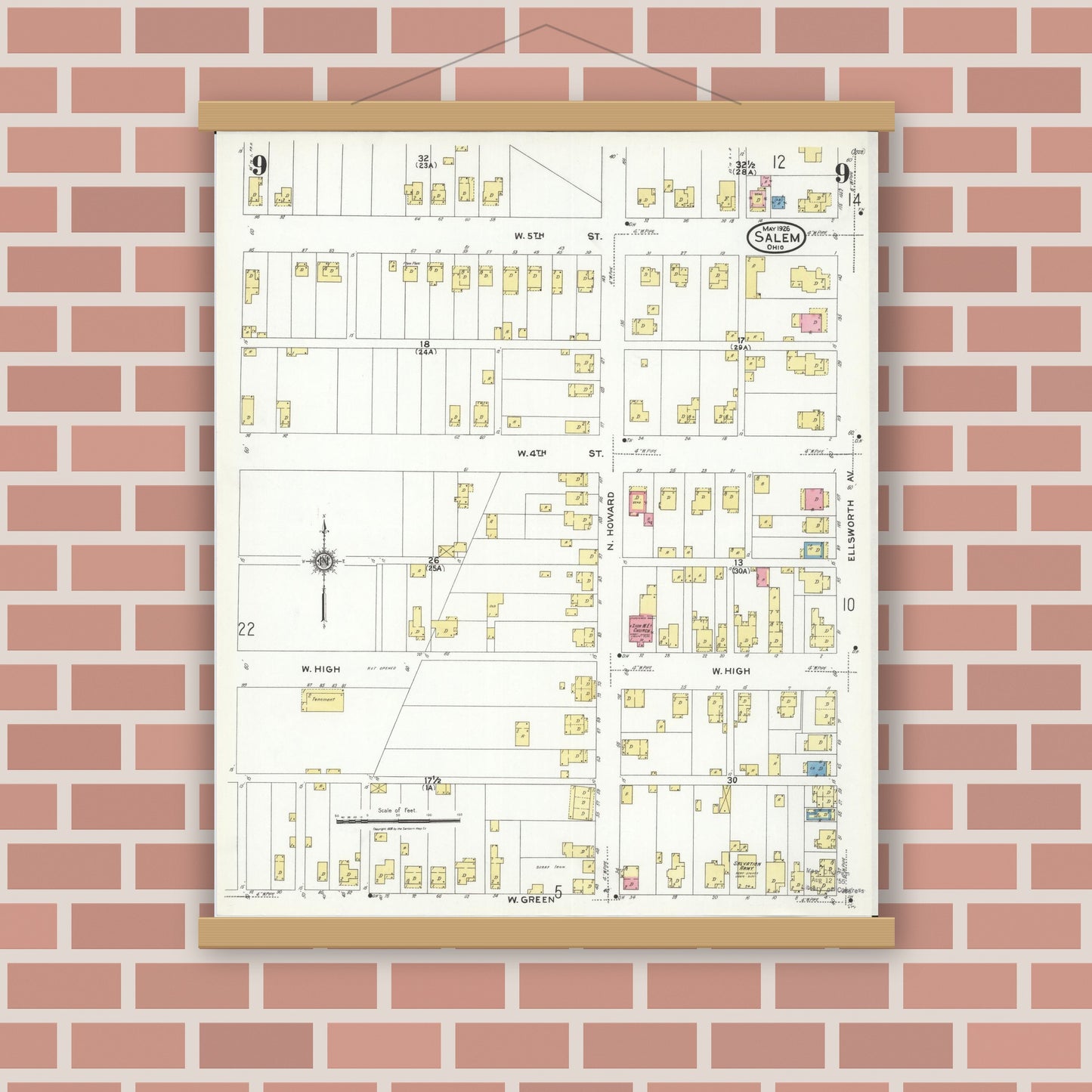 Old map wall art mockup — magnetic wood frame on brick wall — Sanborn Fire Insurance Map from Salem, Columbiana County, Ohio (1926), Sheet #0009