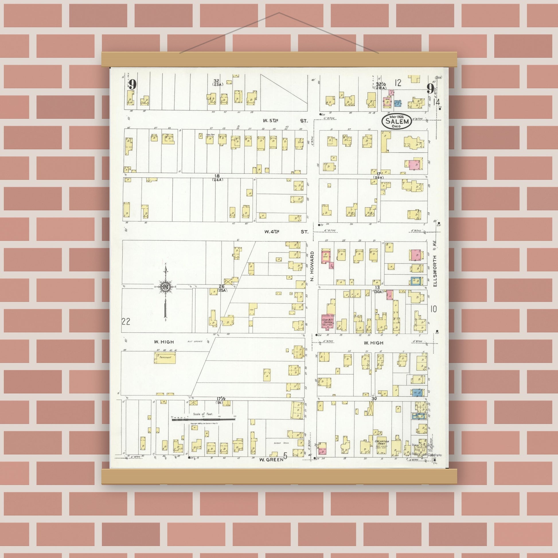 Old map wall art mockup — magnetic wood frame on brick wall — Sanborn Fire Insurance Map from Salem, Columbiana County, Ohio (1926), Sheet #0009