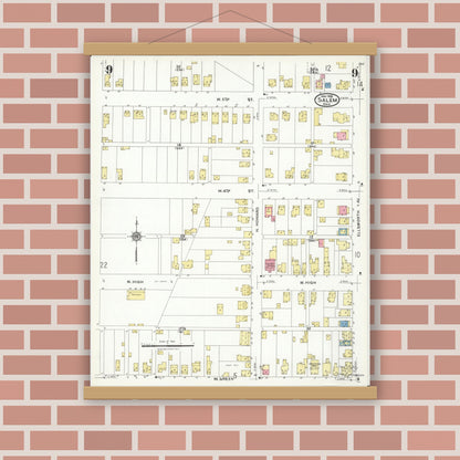 Old map wall art mockup — magnetic wood frame on brick wall — Sanborn Fire Insurance Map from Salem, Columbiana County, Ohio (1926), Sheet #0009