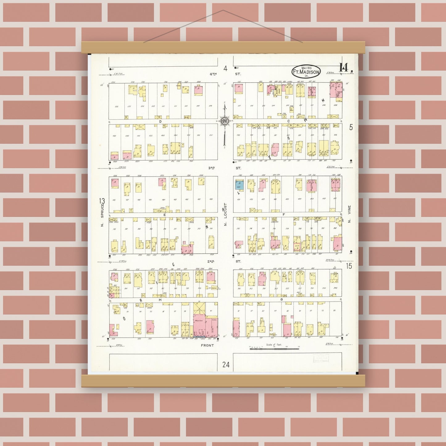 Old map wall art mockup — magnetic wood frame on brick wall — Sanborn Fire Insurance Map from Fort Madison, Lee County, Iowa (1913), Sheet #0014