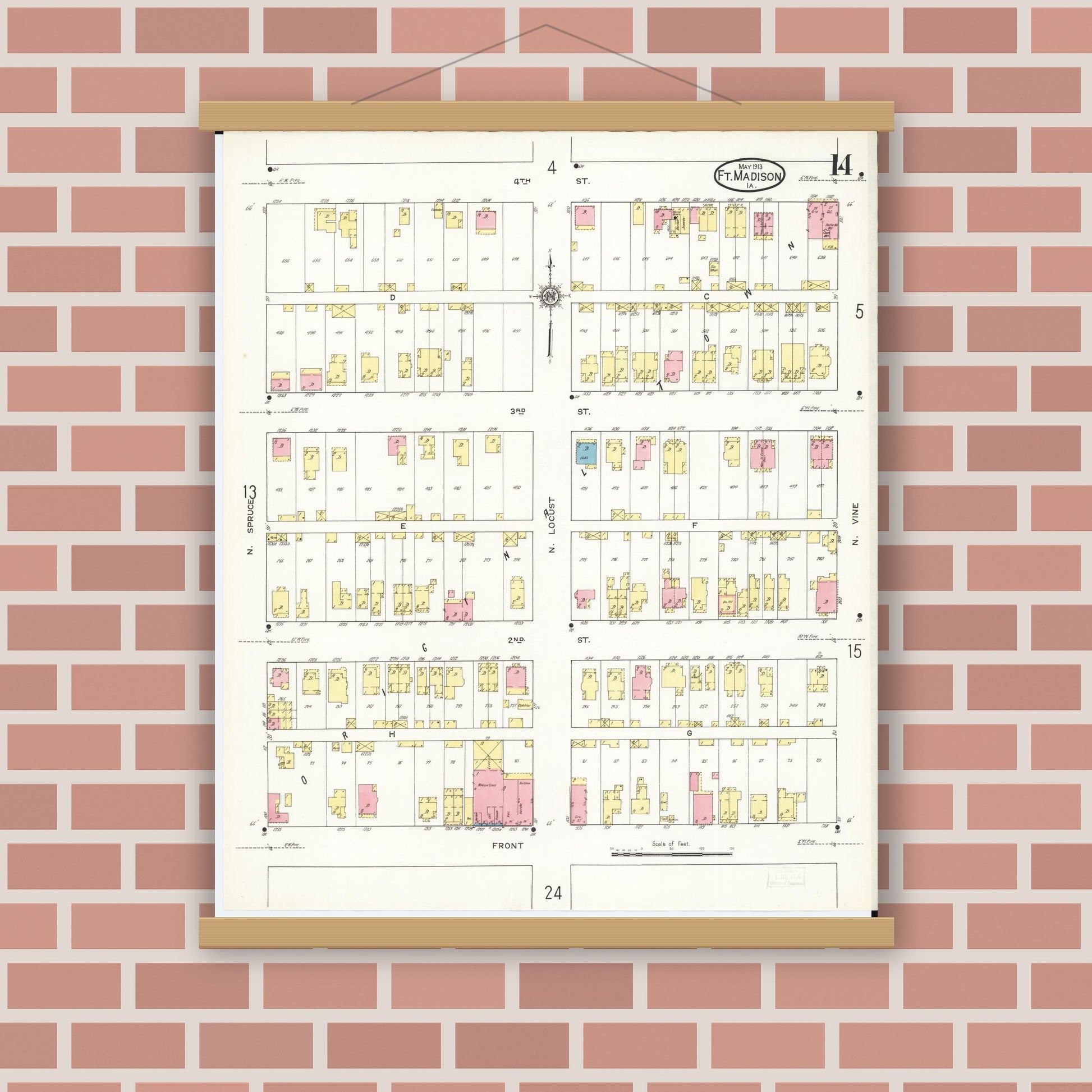 Old map wall art mockup — magnetic wood frame on brick wall — Sanborn Fire Insurance Map from Fort Madison, Lee County, Iowa (1913), Sheet #0014