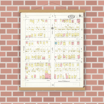 Old map wall art mockup — magnetic wood frame on brick wall — Sanborn Fire Insurance Map from Fort Madison, Lee County, Iowa (1913), Sheet #0014