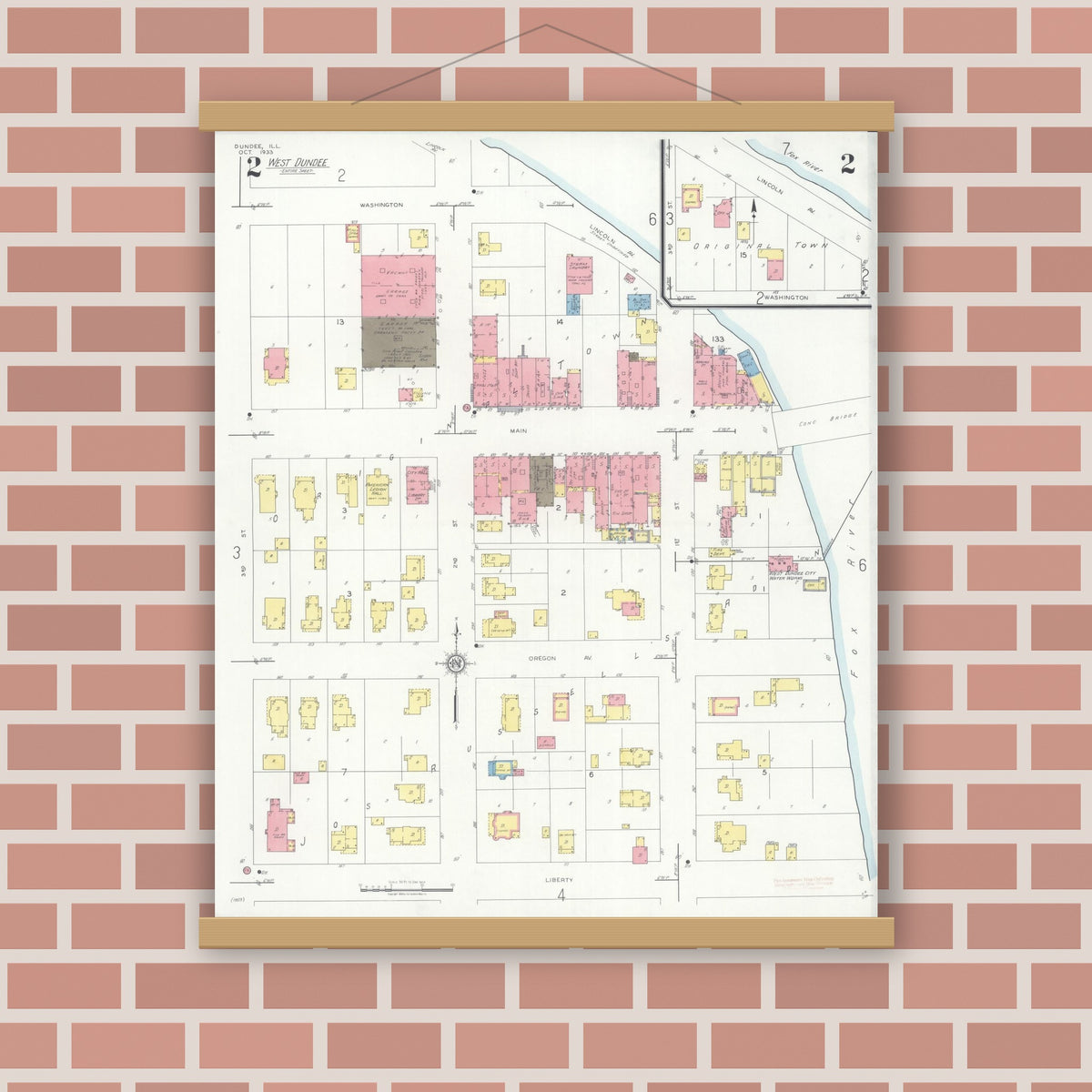 Old map wall art mockup — magnetic wood frame on brick wall — Sanborn Fire Insurance Map from Dundee, Kane County, Illinois (1933), Sheet #0002