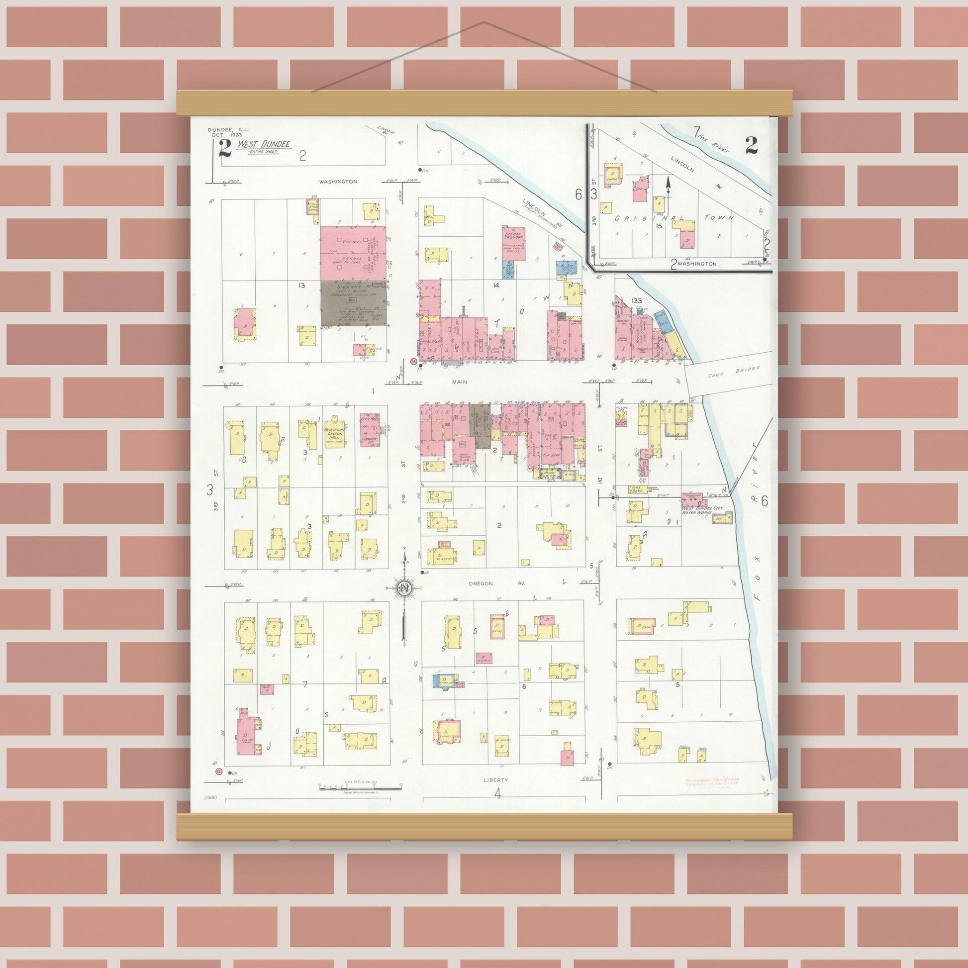 Old map wall art mockup — magnetic wood frame on brick wall — Sanborn Fire Insurance Map from Dundee, Kane County, Illinois (1933), Sheet #0002