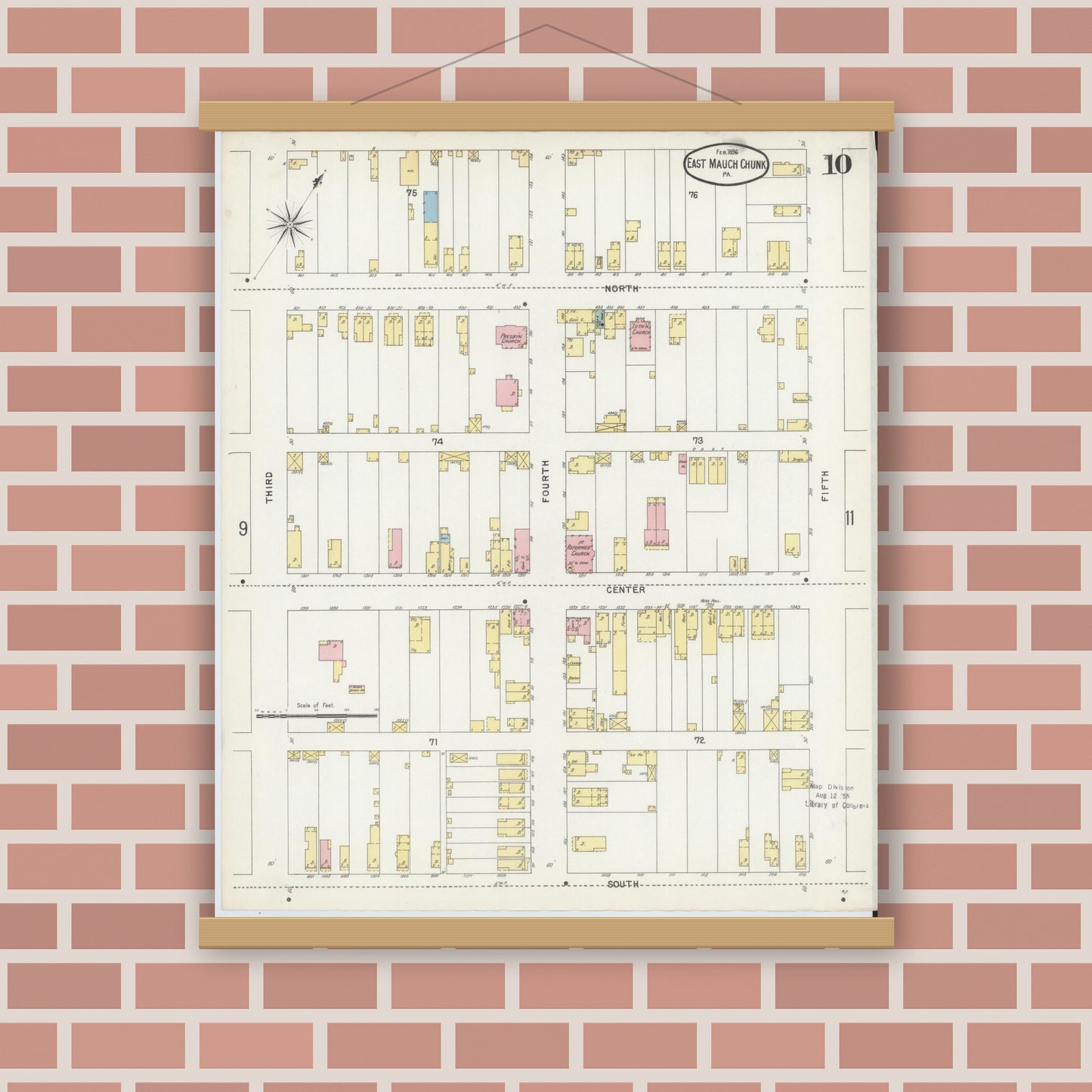 Old map wall art mockup — magnetic wood frame on brick wall — Sanborn Fire Insurance Map from Mauch Chunk, Carbon County, Pennsylvania (1896), Sheet #0010