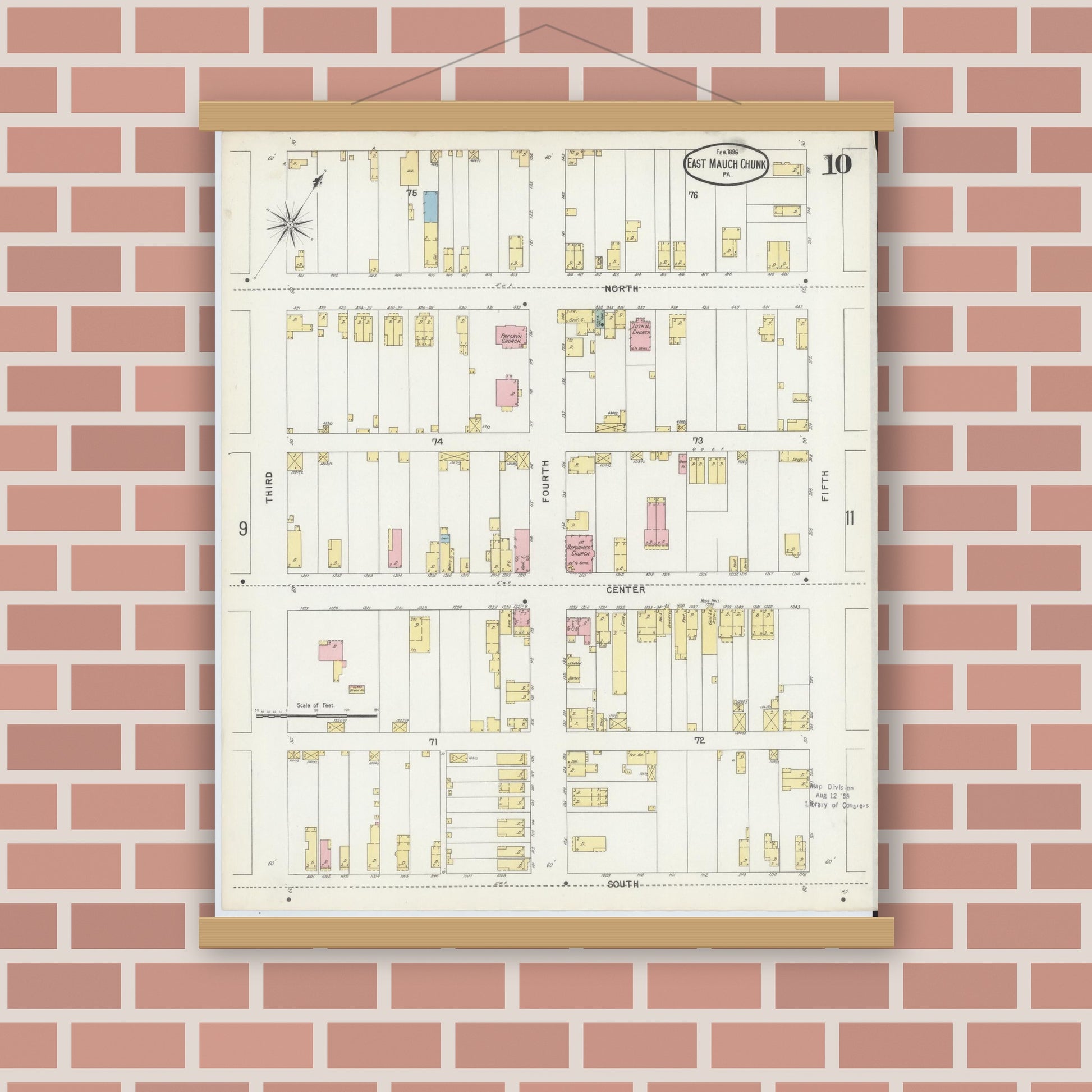 Old map wall art mockup — magnetic wood frame on brick wall — Sanborn Fire Insurance Map from Mauch Chunk, Carbon County, Pennsylvania (1896), Sheet #0010
