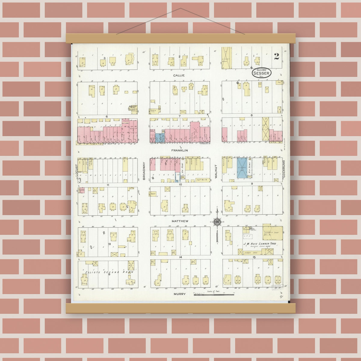 Old map wall art mockup — magnetic wood frame on brick wall — Sanborn Fire Insurance Map from Sesser, Franklin County, Illinois (1914), Sheet #0002