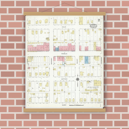 Old map wall art mockup — magnetic wood frame on brick wall — Sanborn Fire Insurance Map from Sesser, Franklin County, Illinois (1914), Sheet #0002