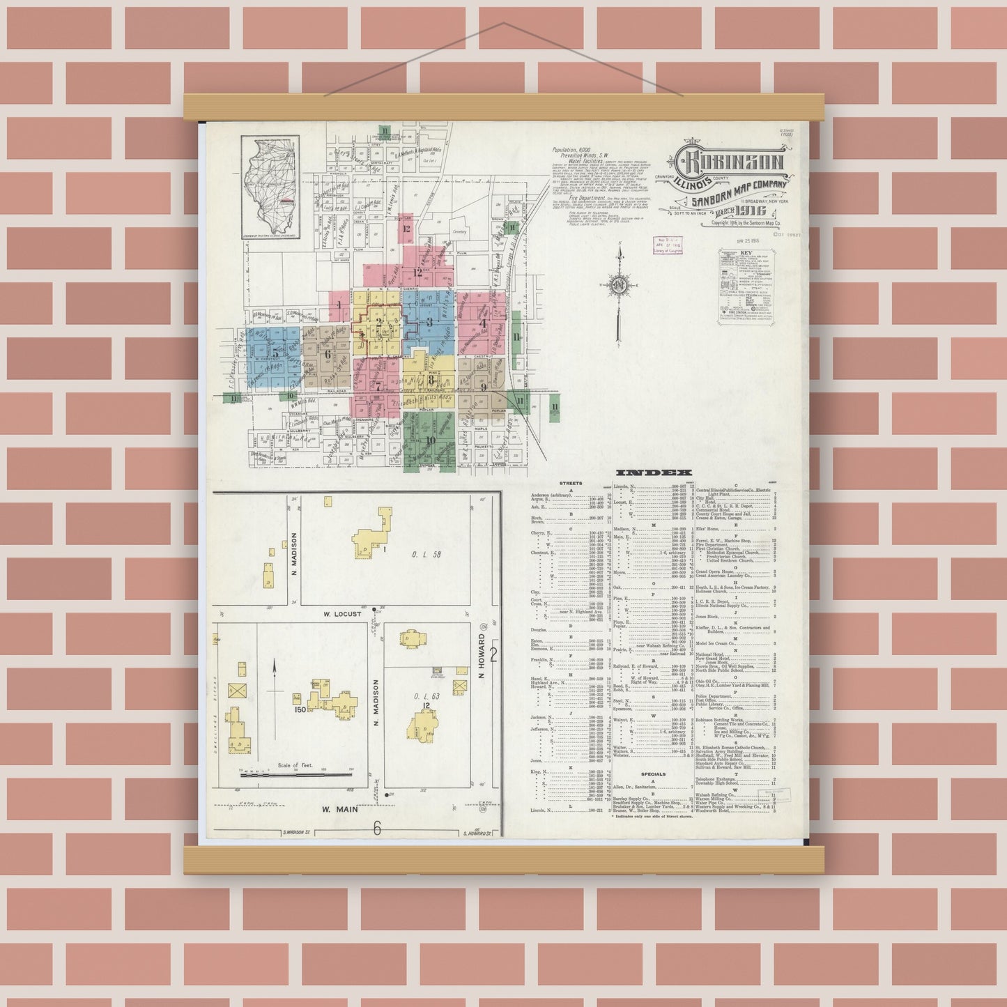 Old map wall art mockup — magnetic wood frame on brick wall — Sanborn Fire Insurance Map from Robinson, Crawford County, Illinois (1916) - Complete Map Set