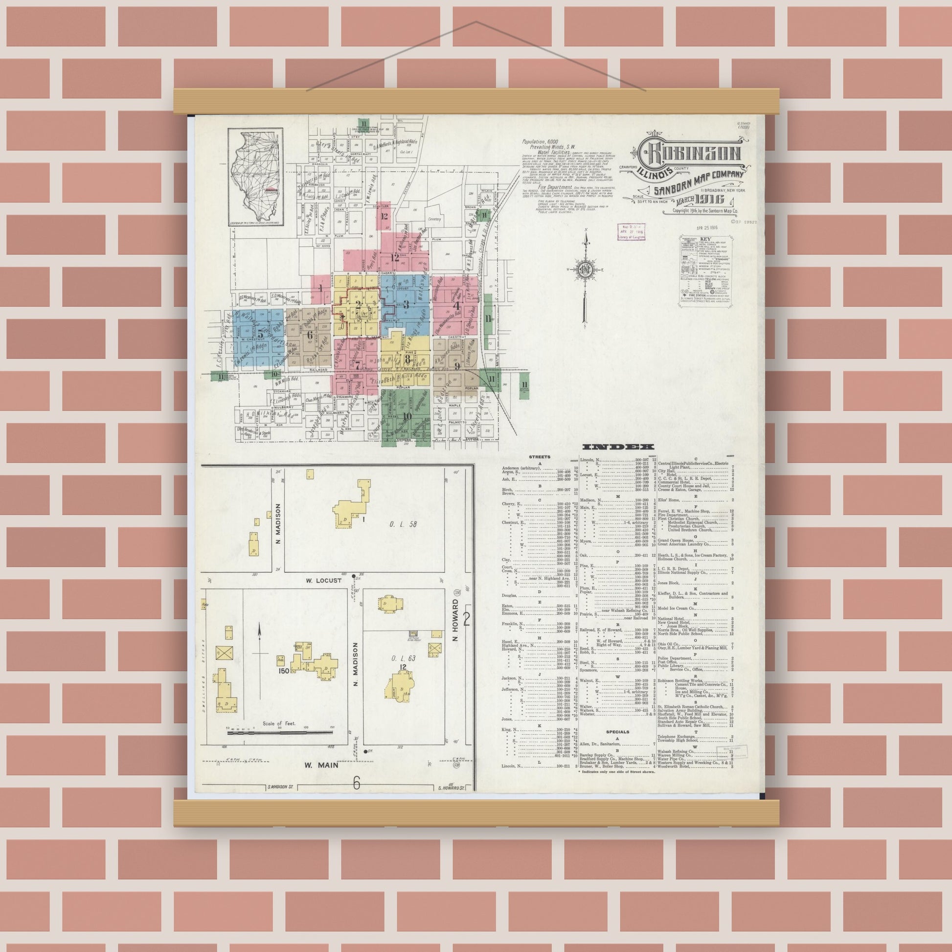 Old map wall art mockup — magnetic wood frame on brick wall — Sanborn Fire Insurance Map from Robinson, Crawford County, Illinois (1916) - Complete Map Set