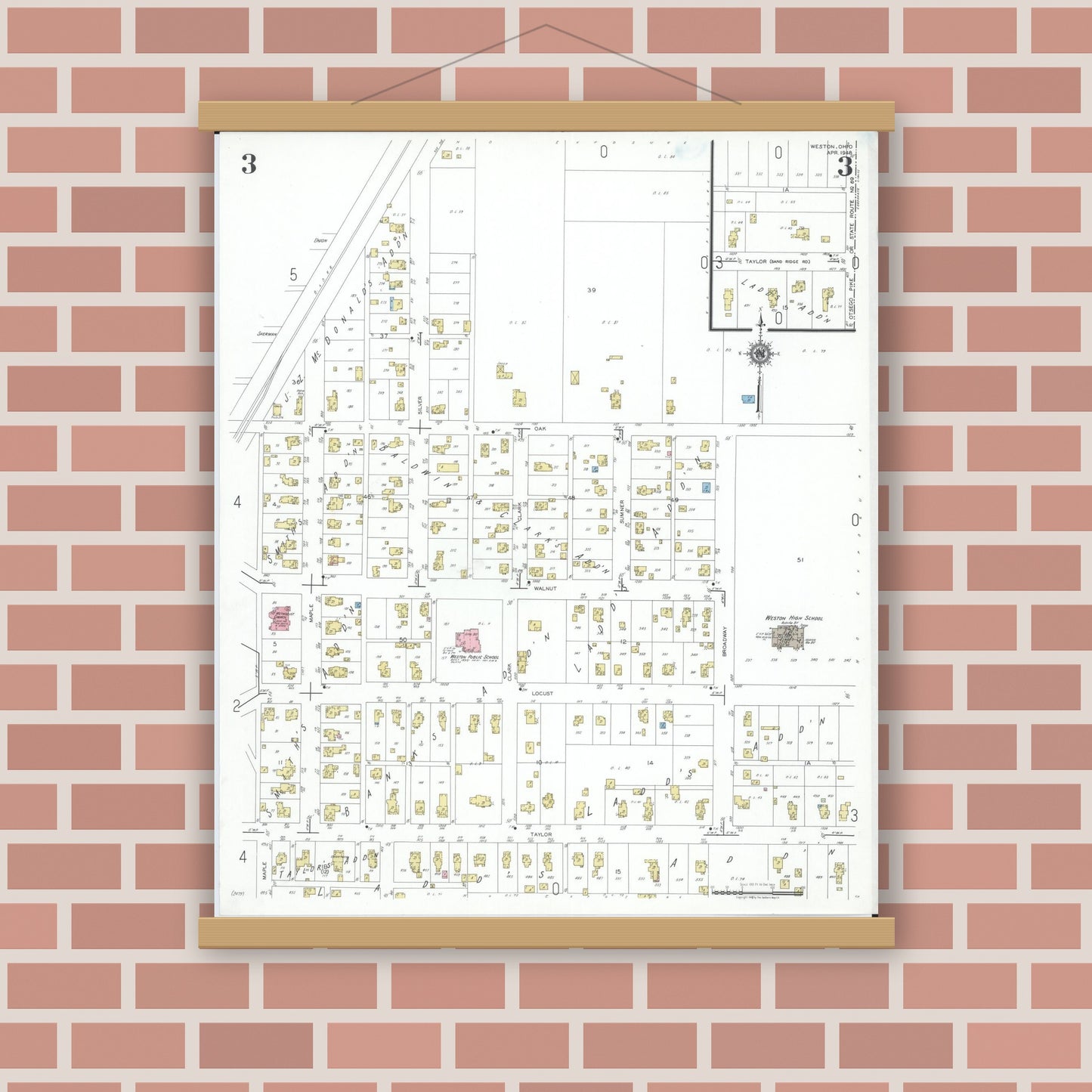 Old map wall art mockup — magnetic wood frame on brick wall — Sanborn Fire Insurance Map from Weston, Wood County, Ohio (1948), Sheet #0003