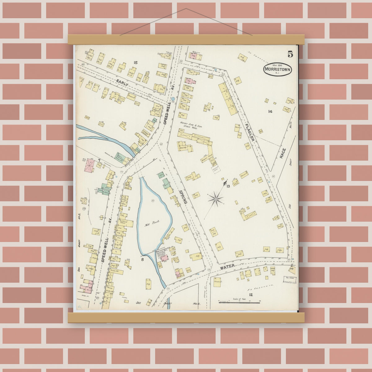 Old map wall art mockup — magnetic wood frame on brick wall — Sanborn Fire Insurance Map from Morristown, Morris County, New Jersey (1890), Sheet #0005