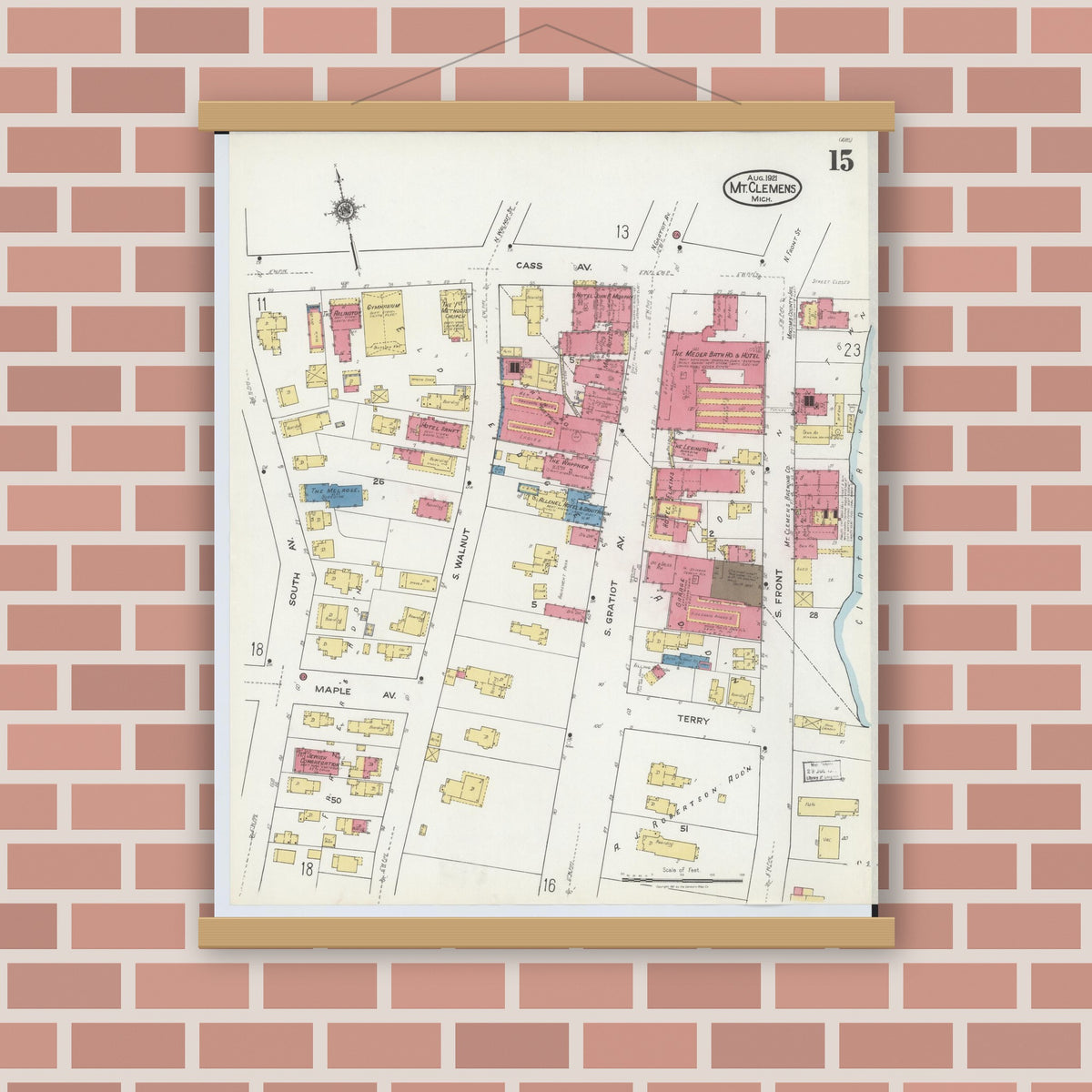 Old map wall art mockup — magnetic wood frame on brick wall — Sanborn Fire Insurance Map from Mount Clemens, Macomb County, Michigan (1921), Sheet #0015