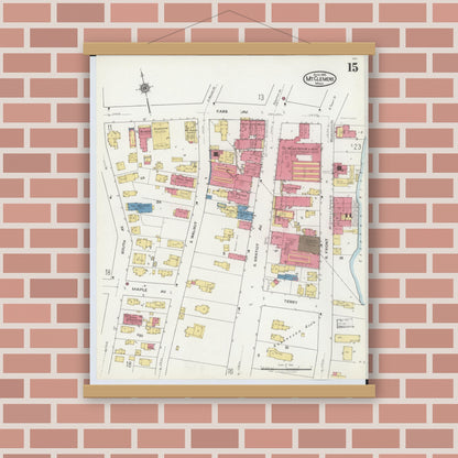 Old map wall art mockup — magnetic wood frame on brick wall — Sanborn Fire Insurance Map from Mount Clemens, Macomb County, Michigan (1921), Sheet #0015