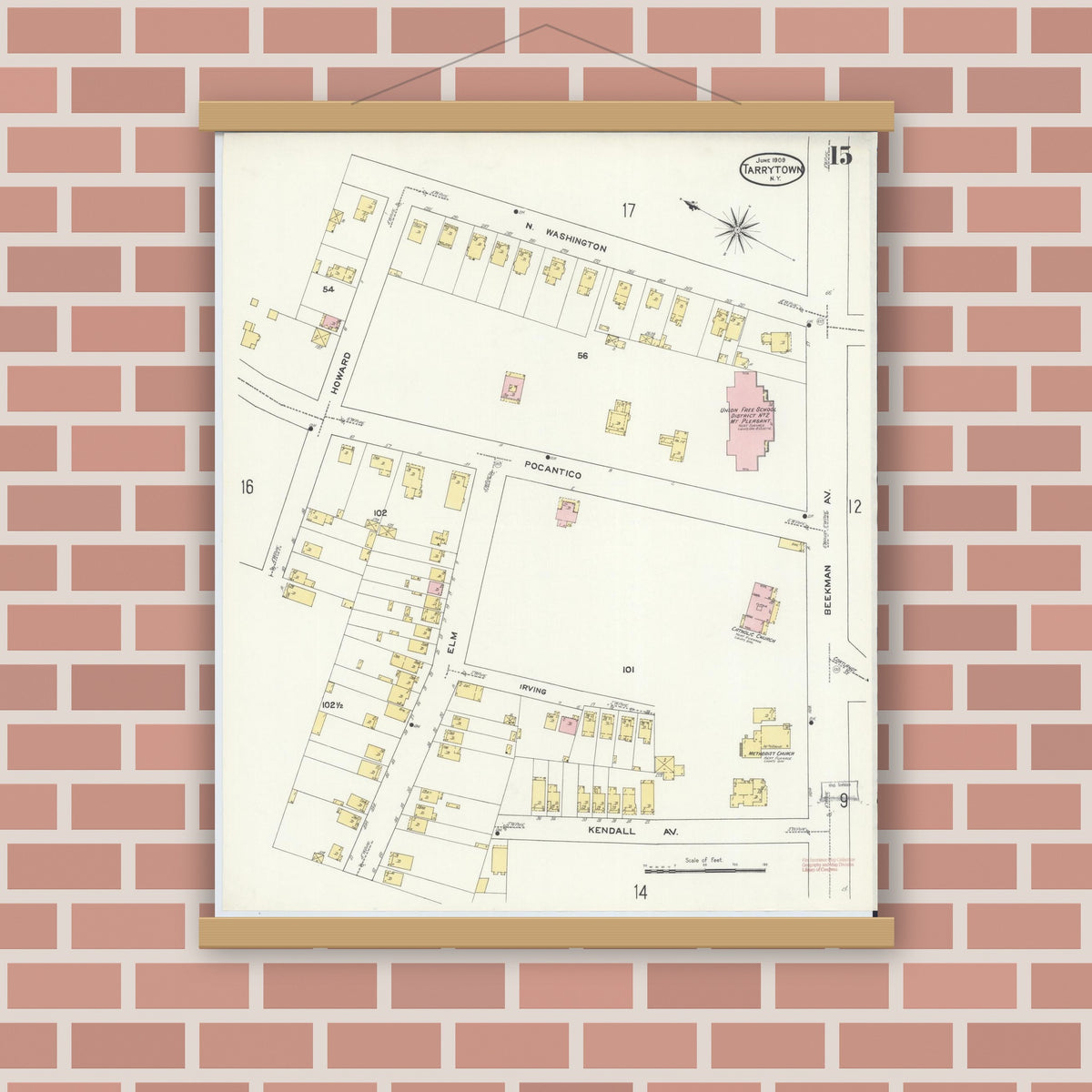 Old map wall art mockup — magnetic wood frame on brick wall — Sanborn Fire Insurance Map from Tarrytown, Westchester County, New York (1909), Sheet #0015