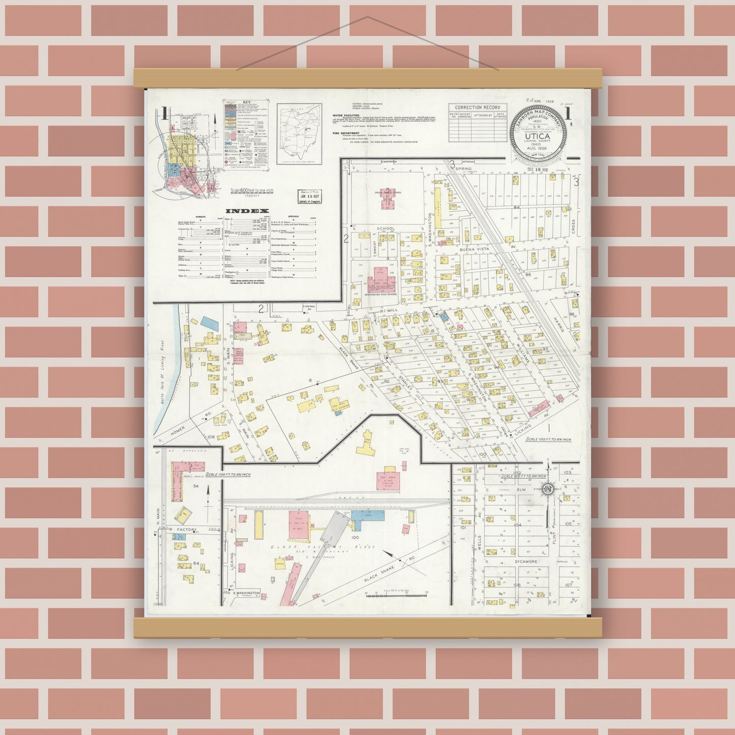 Old map wall art mockup — magnetic wood frame on brick wall — Sanborn Fire Insurance Map from Utica, Licking County, Ohio (1936) - Complete Map Set