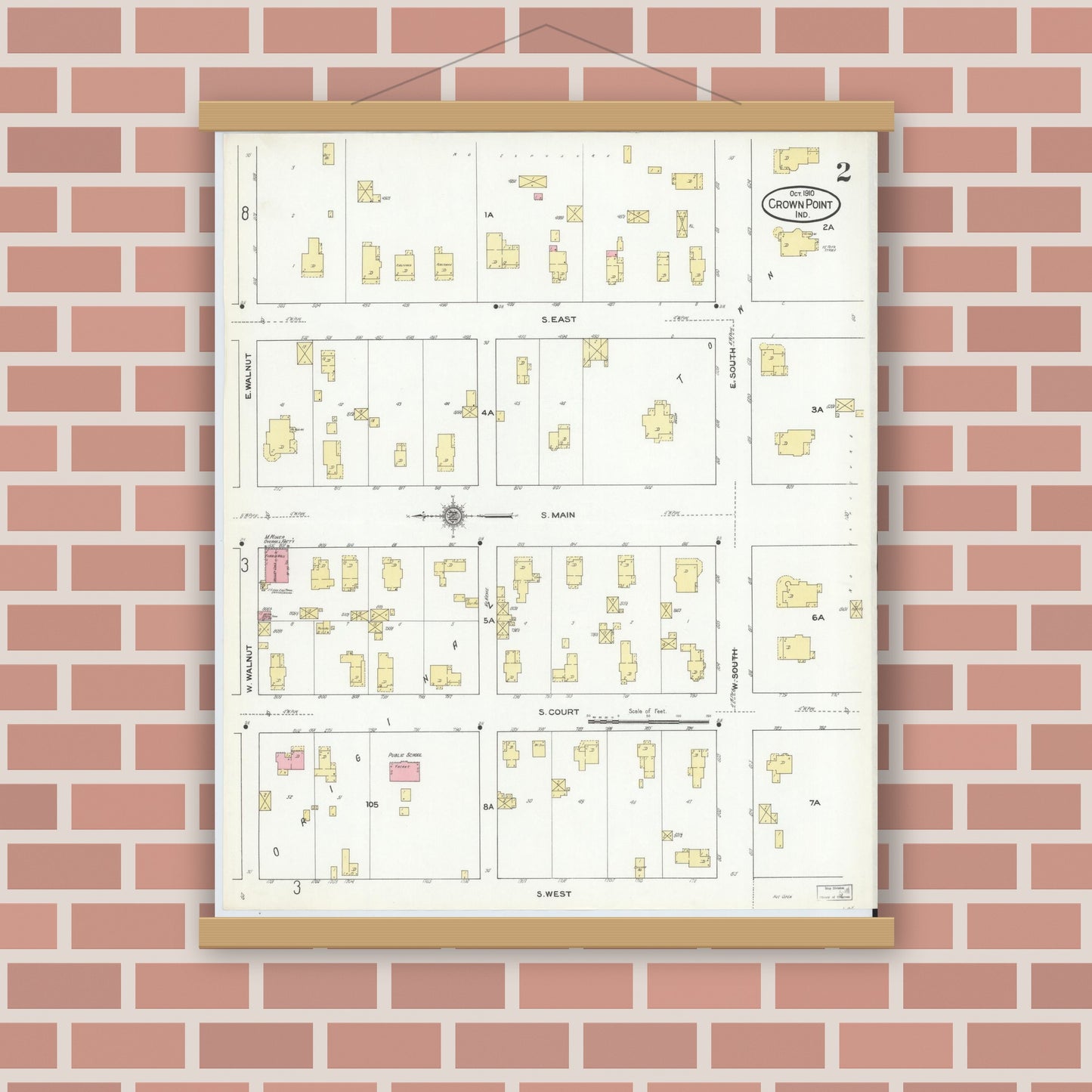 Old map wall art mockup — magnetic wood frame on brick wall — Sanborn Fire Insurance Map from Crown Point, Lake County, Indiana (1910), Sheet #0002