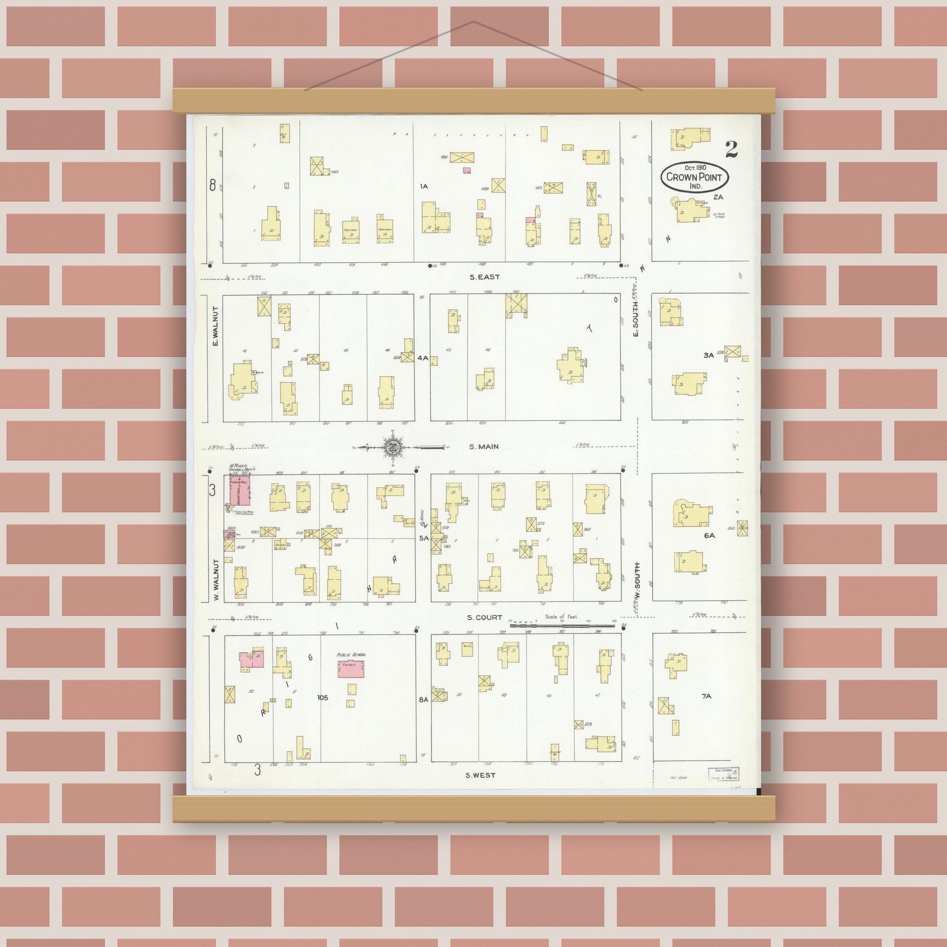 Old map wall art mockup — magnetic wood frame on brick wall — Sanborn Fire Insurance Map from Crown Point, Lake County, Indiana (1910), Sheet #0002