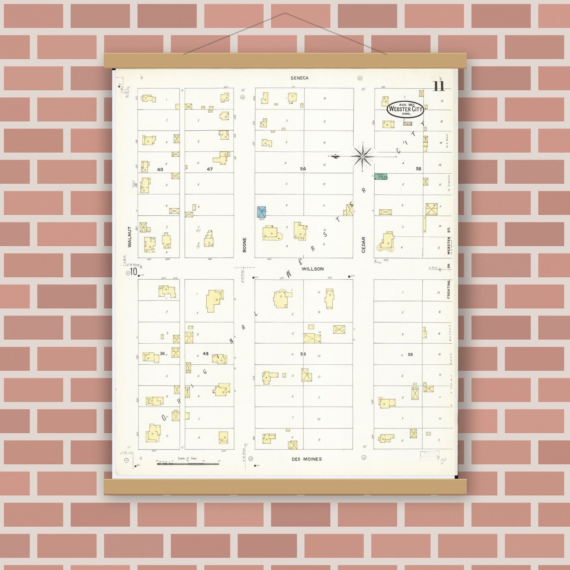 Old map wall art mockup — magnetic wood frame on brick wall — Sanborn Fire Insurance Map from Webster City, Hamilton County, Iowa (1907), Sheet #0011