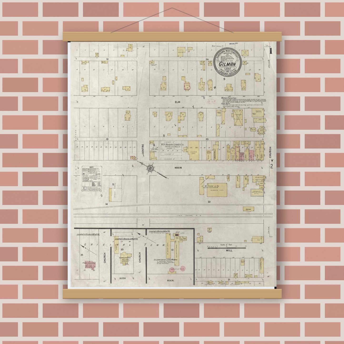 Old map wall art mockup — magnetic wood frame on brick wall — Sanborn Fire Insurance Map from Gilman, Marshall County, Iowa (1911) â€” Complete Set