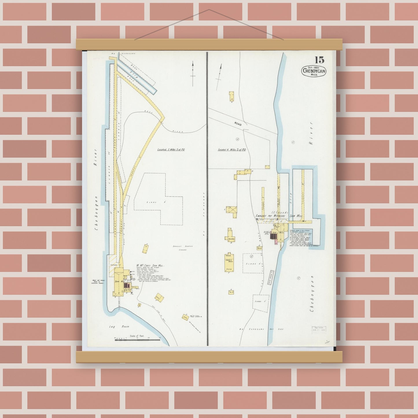 Old map wall art mockup — magnetic wood frame on brick wall — Sanborn Fire Insurance Map from Cheboygan, Cheboygan County, Michigan (1900), Sheet #0015