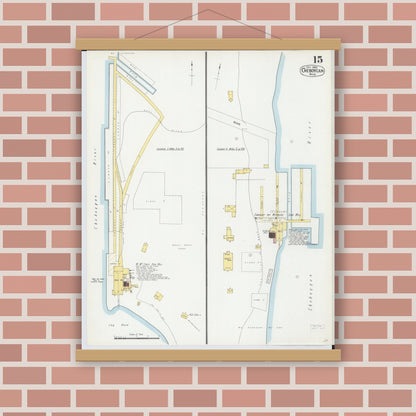 Old map wall art mockup — magnetic wood frame on brick wall — Sanborn Fire Insurance Map from Cheboygan, Cheboygan County, Michigan (1900), Sheet #0015