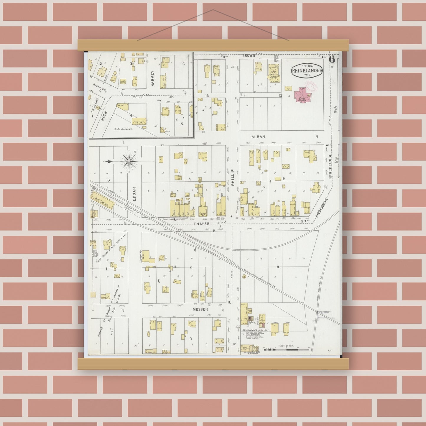 Old map wall art mockup — magnetic wood frame on brick wall — Sanborn Fire Insurance Map from Rhinelander, Oneida County, Wisconsin (1894), Sheet #0006