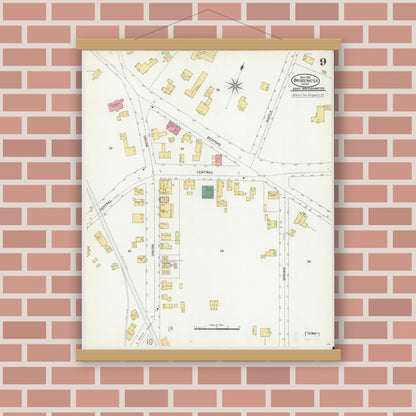 Old map wall art mockup — magnetic wood frame on brick wall — Sanborn Fire Insurance Map from Bridgewater, Plymouth County, Massachusetts (1906), Sheet #0009