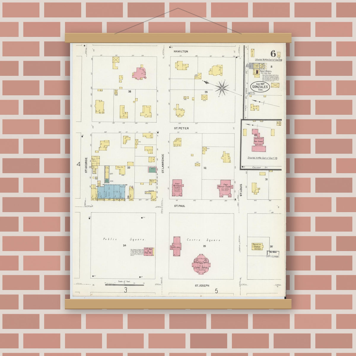 Old map wall art mockup — magnetic wood frame on brick wall — Sanborn Fire Insurance Map from Gonzales, Gonzales County, Texas (1907), Sheet #0006
