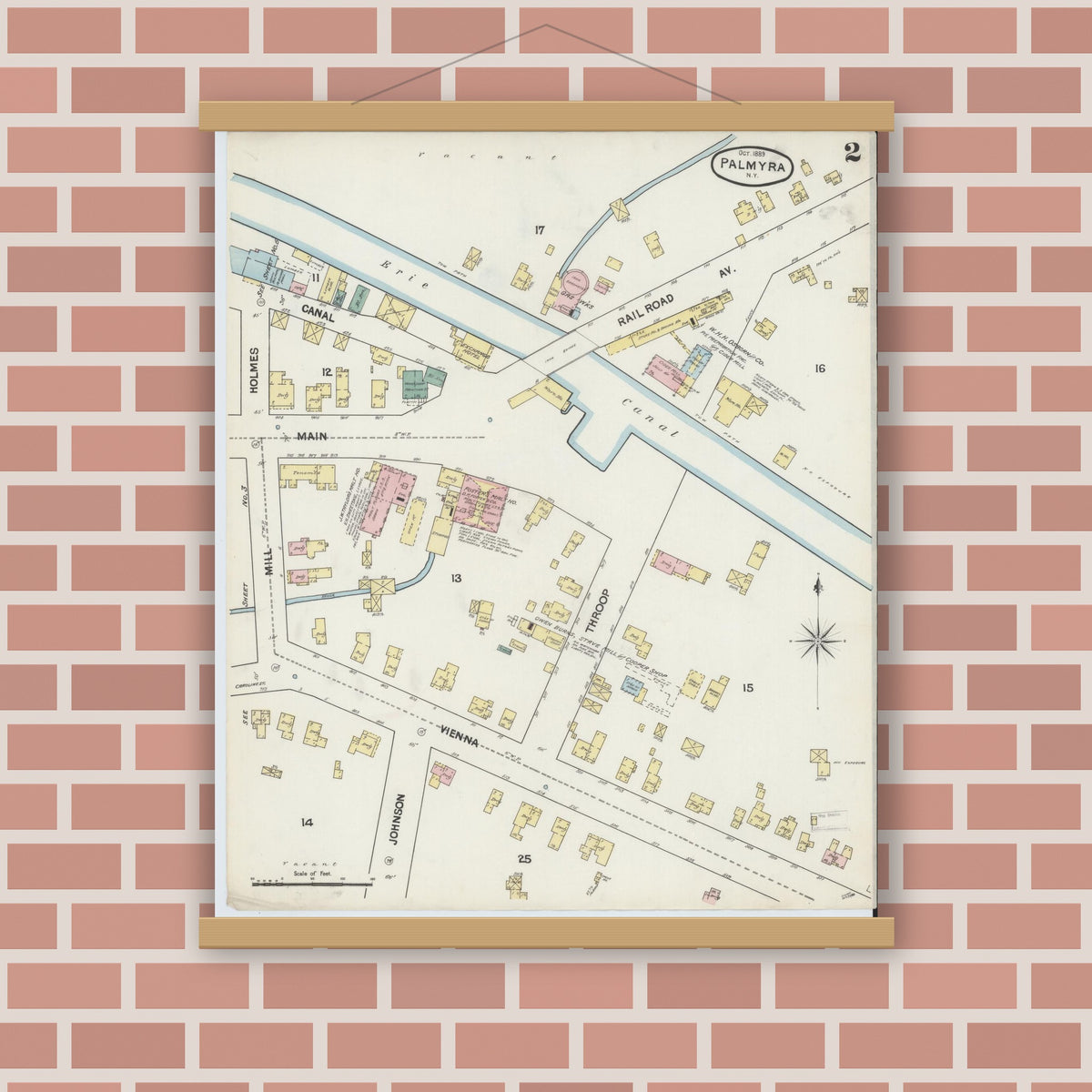Old map wall art mockup — magnetic wood frame on brick wall — Sanborn Fire Insurance Map from Palmyra, Wayne County, New York (1889), Sheet #0002