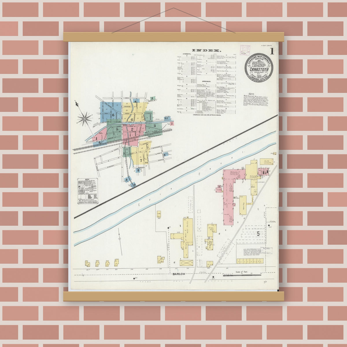 Old map wall art mockup — magnetic wood frame on brick wall — Sanborn Fire Insurance Map from Canastota, Madison County, New York (1906) - Complete Map Set