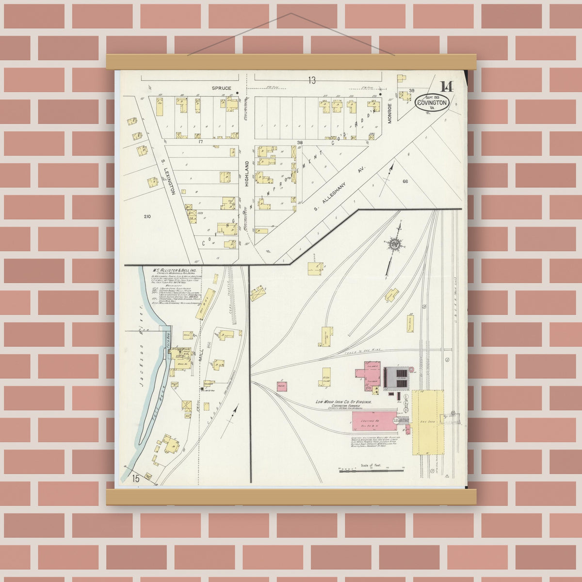 Old map wall art mockup — magnetic wood frame on brick wall — Sanborn Fire Insurance Map from Covington, Independent Cities, Virginia (1913), Sheet #0014