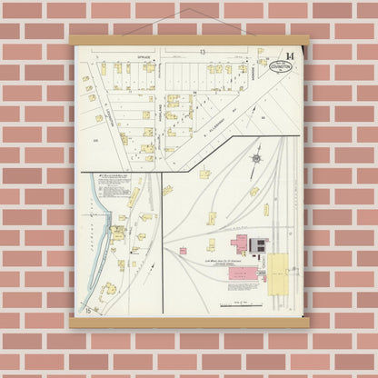 Old map wall art mockup — magnetic wood frame on brick wall — Sanborn Fire Insurance Map from Covington, Independent Cities, Virginia (1913), Sheet #0014