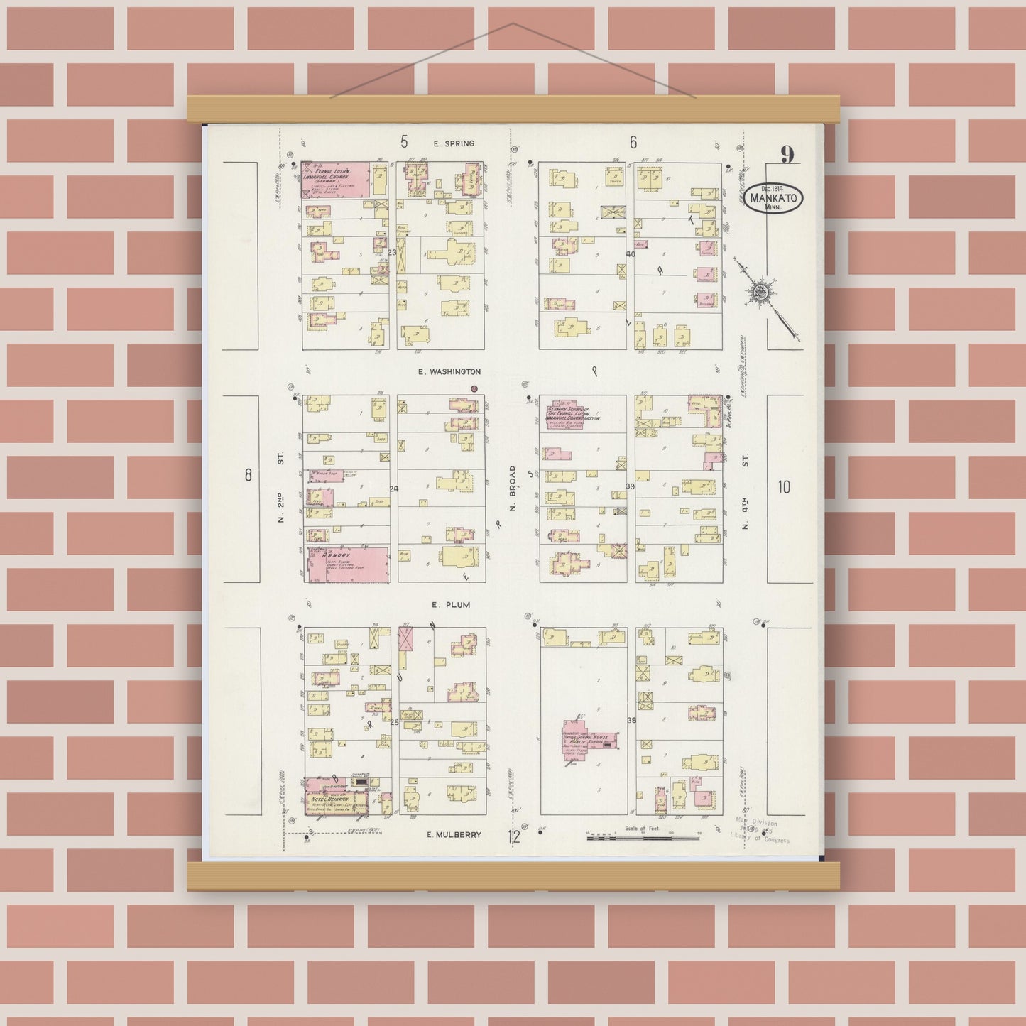 Old map wall art mockup — magnetic wood frame on brick wall — Sanborn Fire Insurance Map from Mankato, Blue Earth County, Minnesota (1914), Sheet #0009
