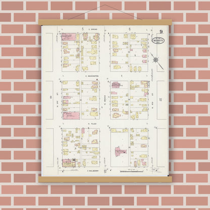 Old map wall art mockup — magnetic wood frame on brick wall — Sanborn Fire Insurance Map from Mankato, Blue Earth County, Minnesota (1914), Sheet #0009