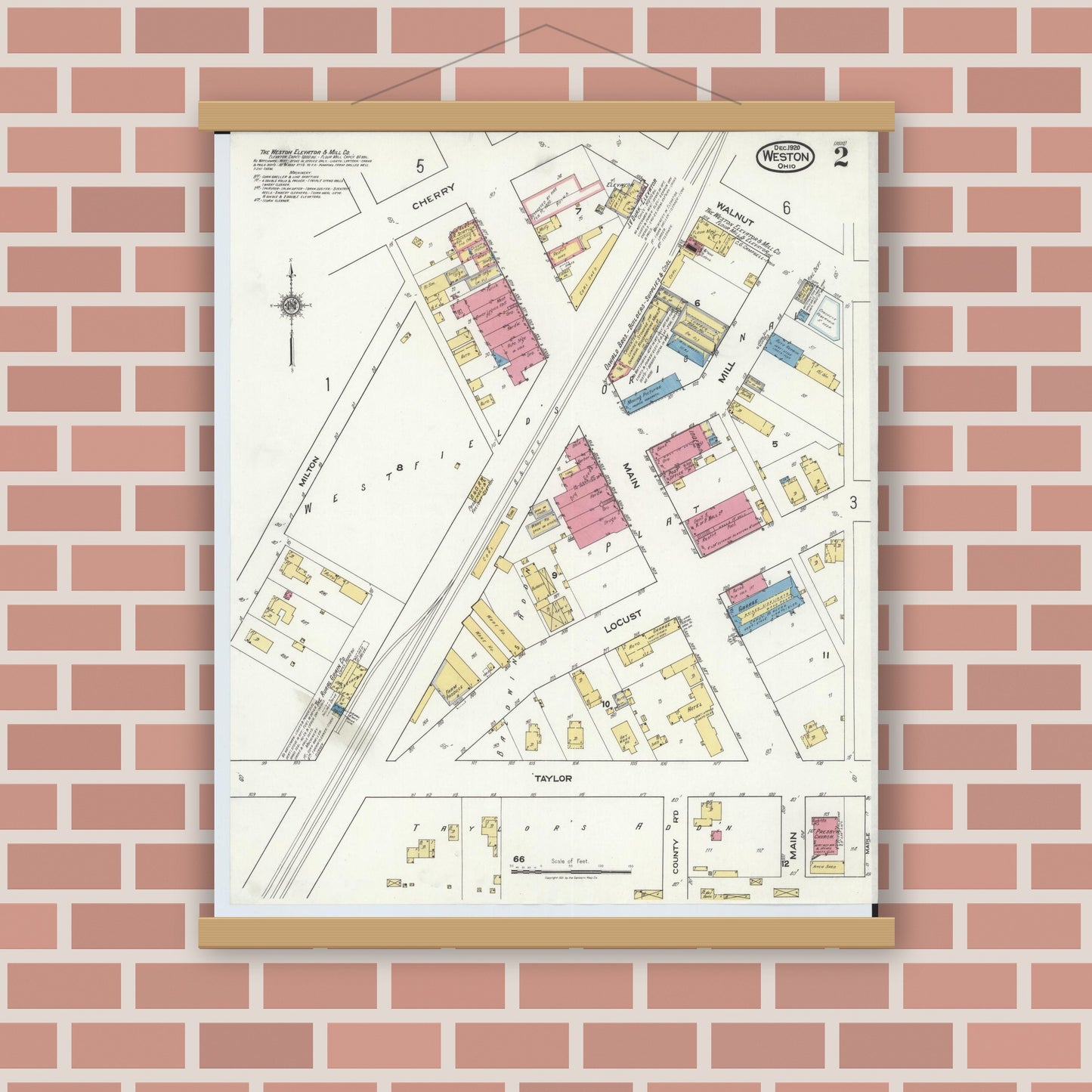 Old map wall art mockup — magnetic wood frame on brick wall — Sanborn Fire Insurance Map from Weston, Wood County, Ohio (1920), Sheet #0002