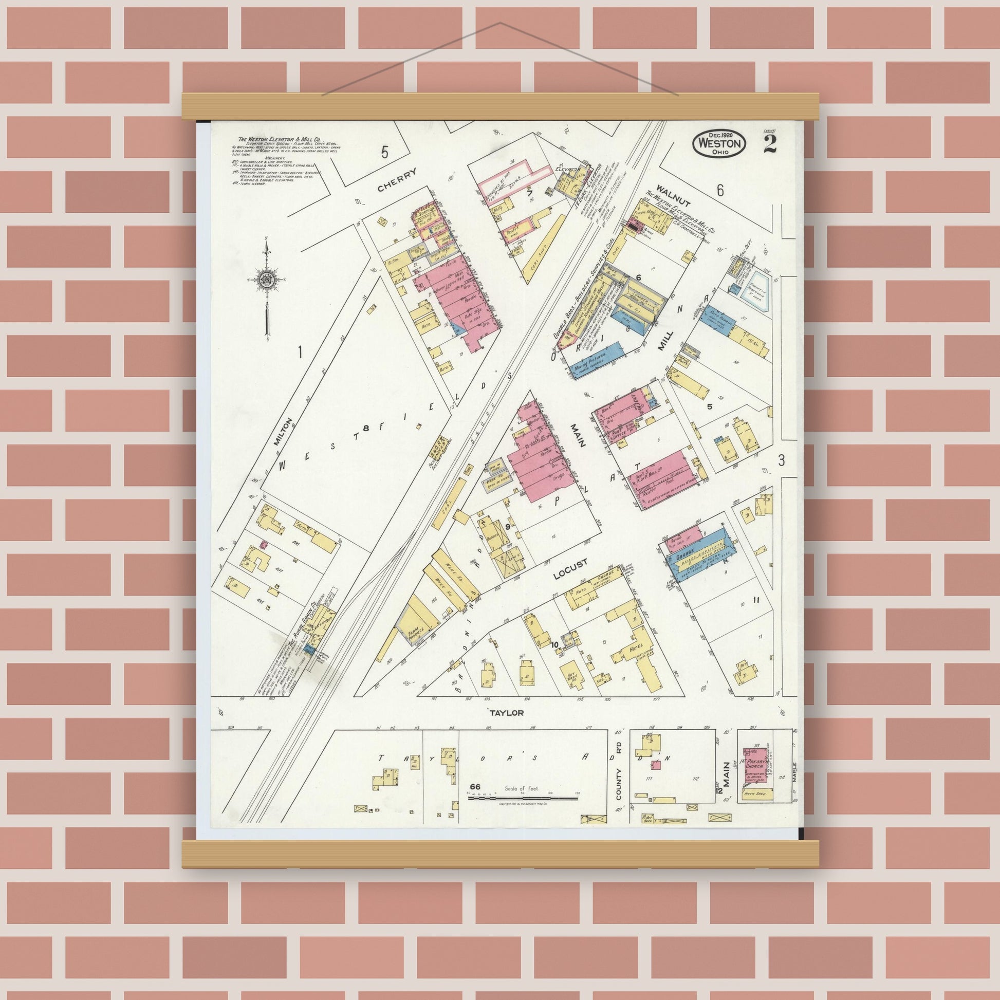 Old map wall art mockup — magnetic wood frame on brick wall — Sanborn Fire Insurance Map from Weston, Wood County, Ohio (1920), Sheet #0002