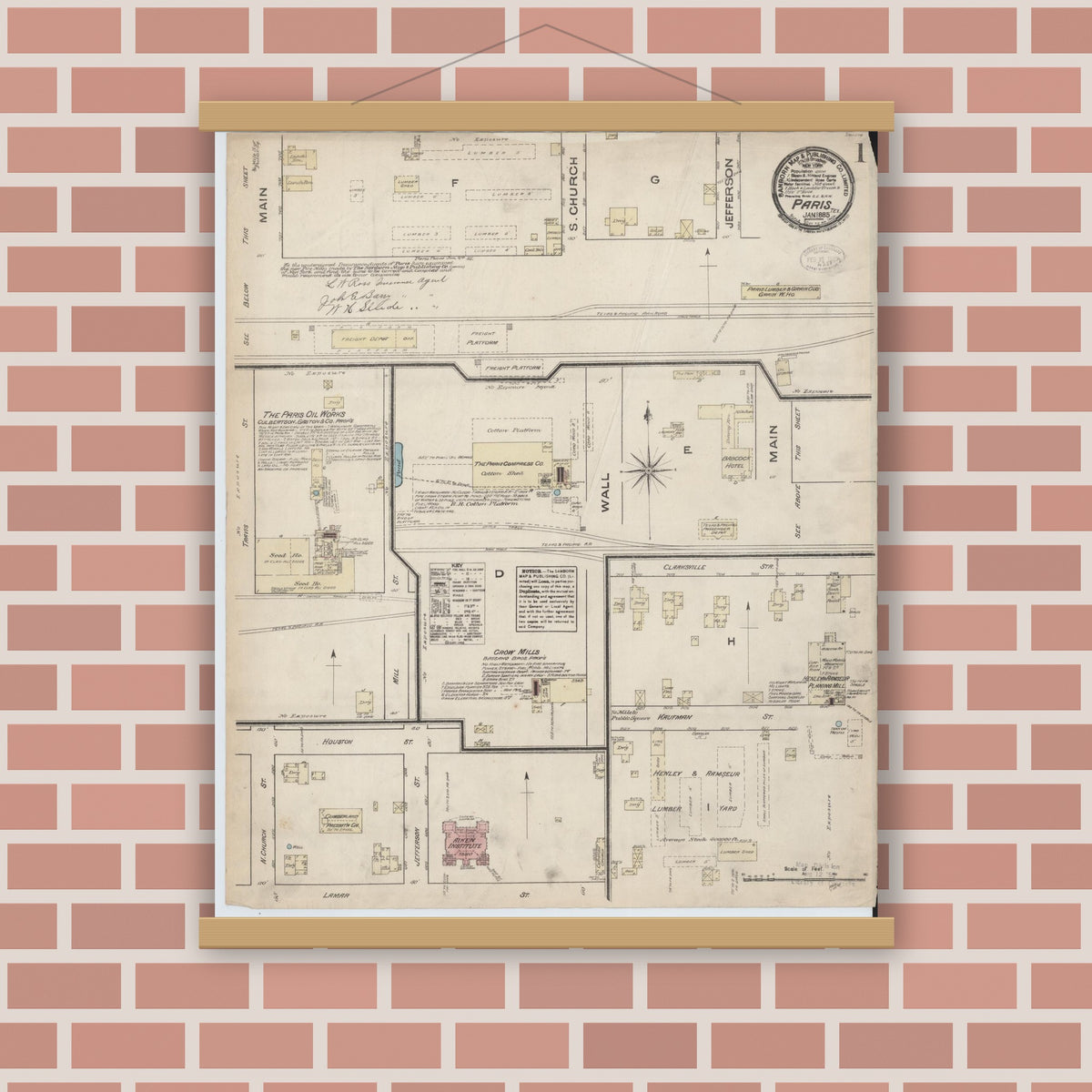Old map wall art mockup — magnetic wood frame on brick wall — Sanborn Fire Insurance Map from Paris, Lamar County, Texas (1885), Sheet #0001