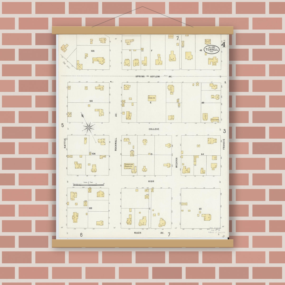 Old map wall art mockup — magnetic wood frame on brick wall — Sanborn Fire Insurance Map from Terrell, Kaufman County, Texas (1897), Sheet #0004